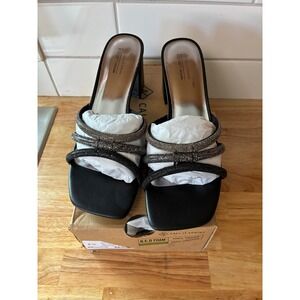 Call It Spring Crown Black Rhinestone Block Heel Sandals Vegan Square Toe 10